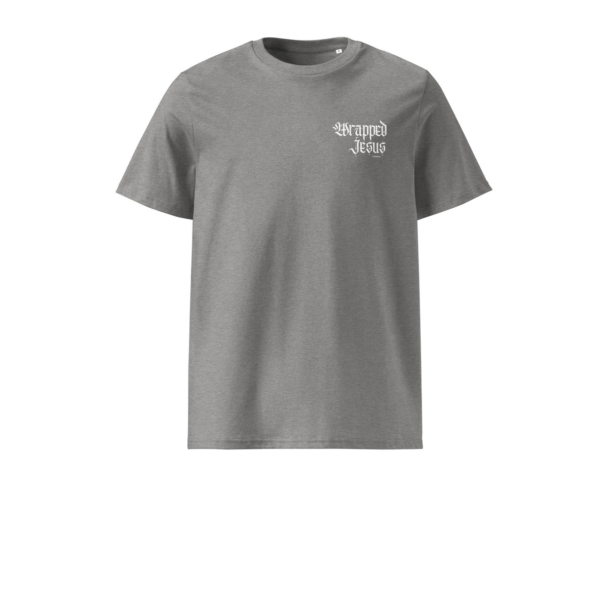 Heather grey Risen tee front with Gothic Wrapped in Jesus chest script