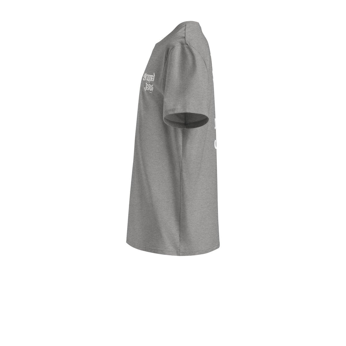 Heather grey Risen tee left side with Wrapped in Jesus sleeve print