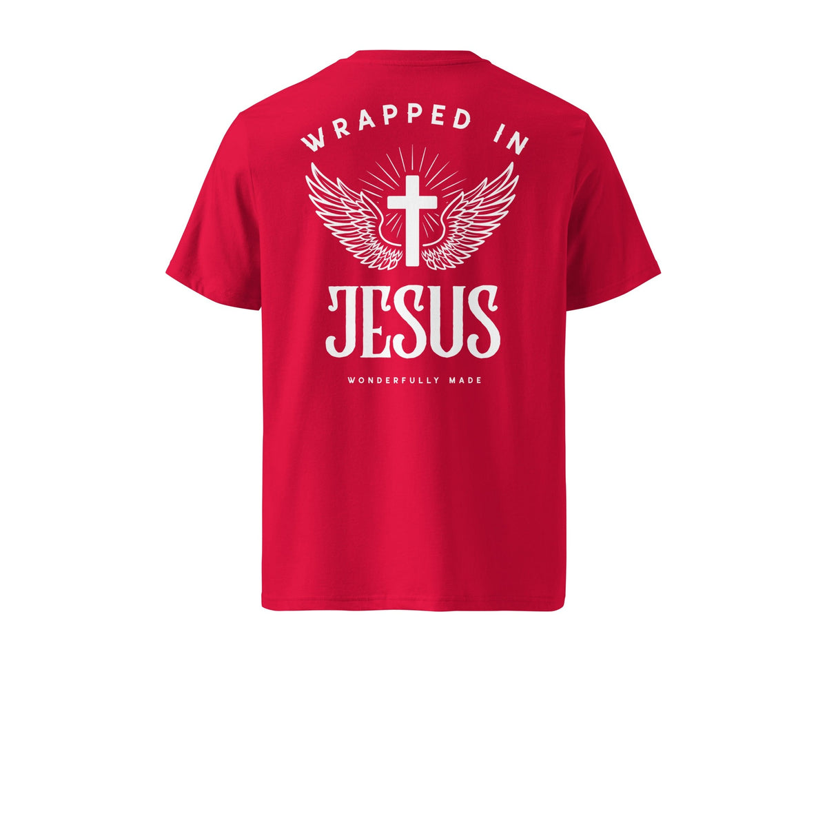 Red Risen Christian tee back with winged cross, Wrapped In Jesus and Wonderfully Made