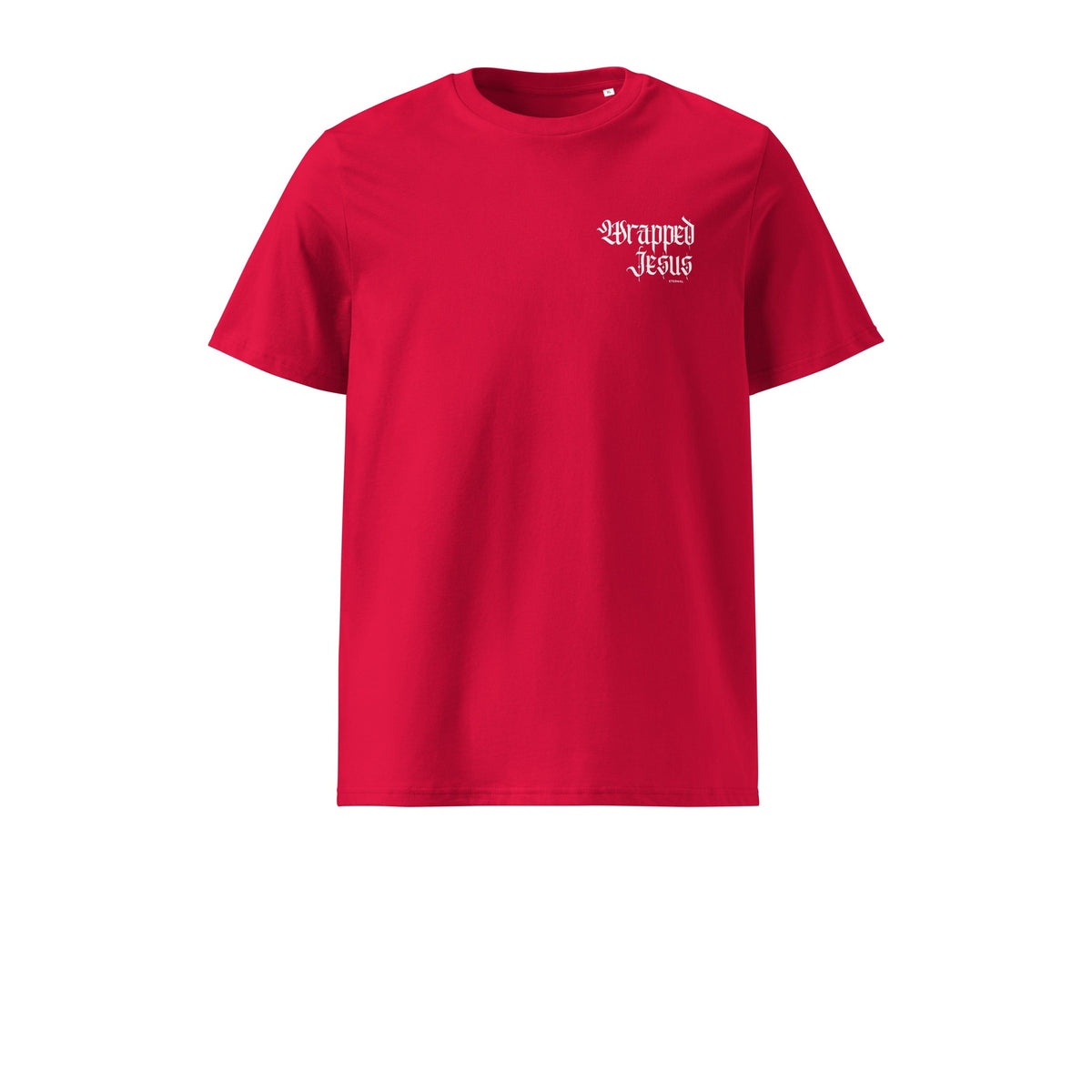 Red Risen tee front with Gothic Wrapped in Jesus chest script