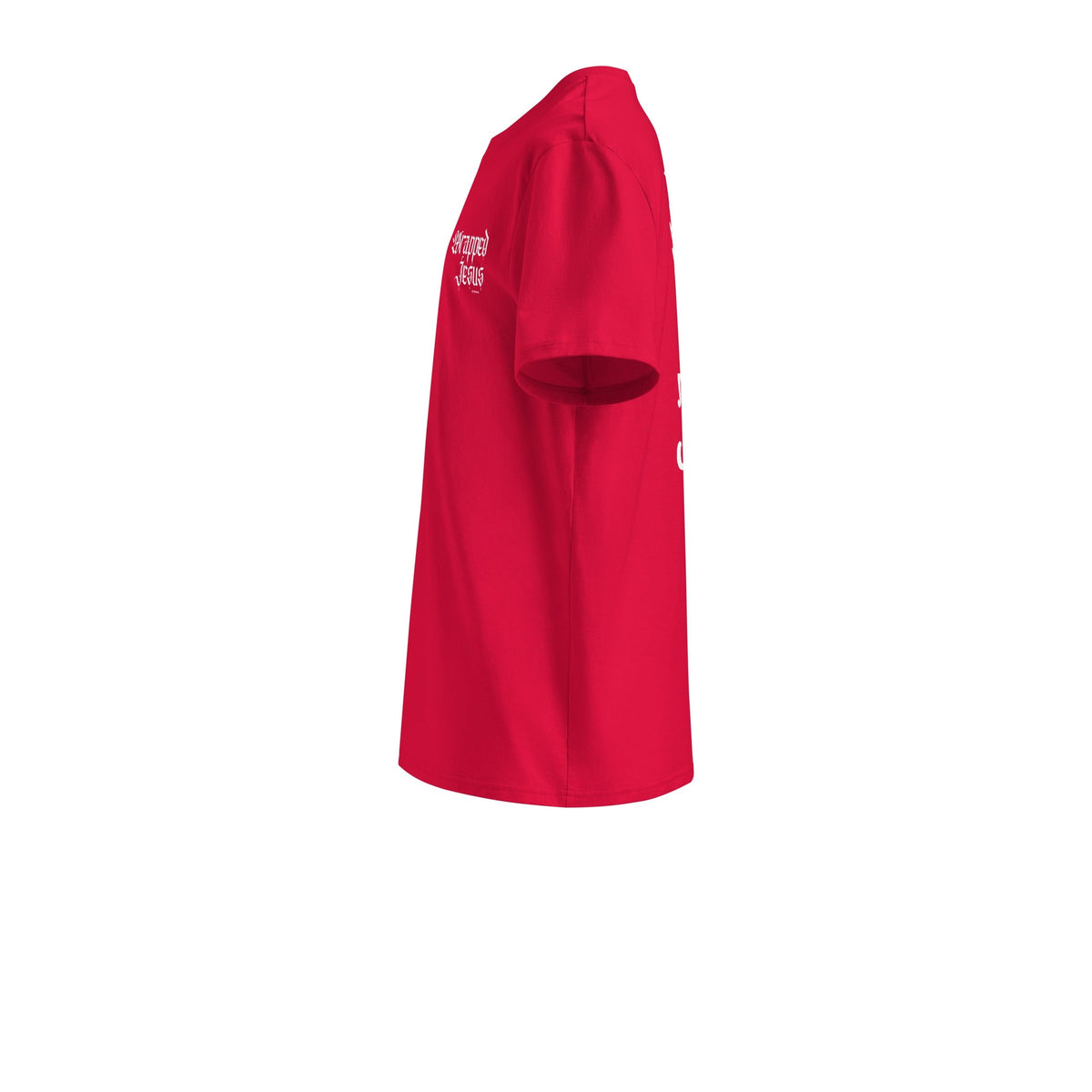 Red Risen tee left side with Wrapped in Jesus sleeve print