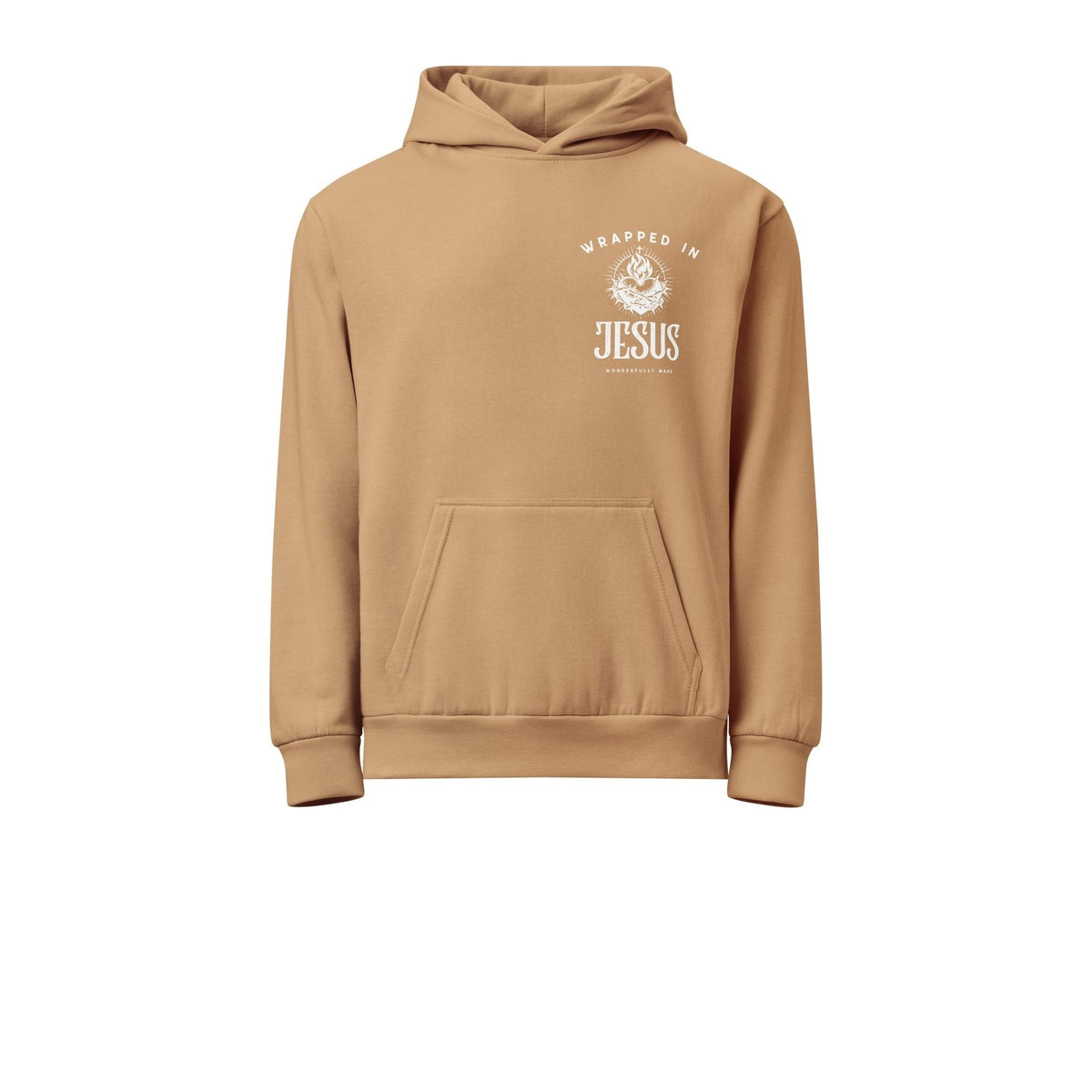 Burro tan Sacred Heart hoodie front with small Wrapped In Jesus chest logo