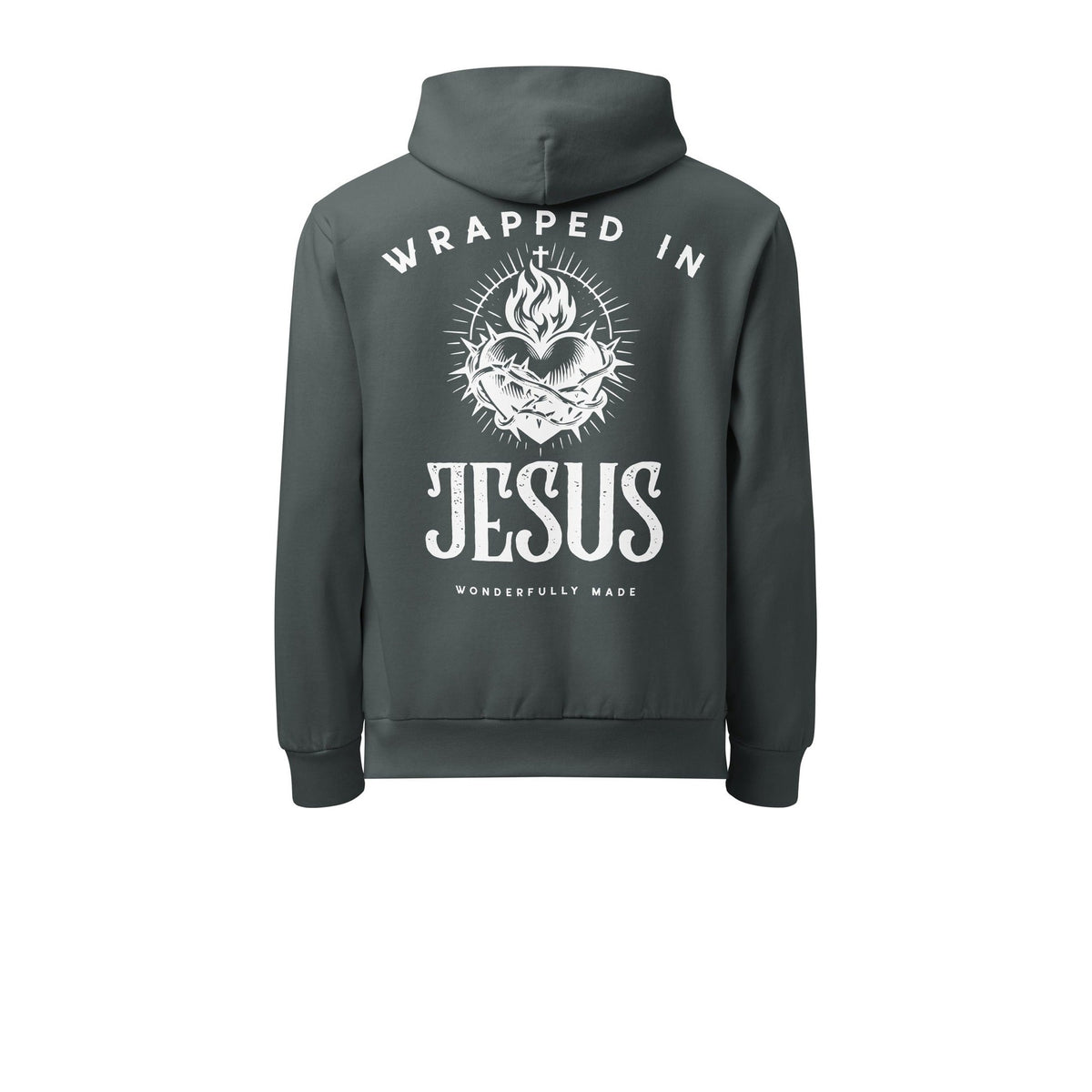 Midnight navy oversized Christian hoodie back with Sacred Heart Wrapped In Jesus Wonderfully Made design