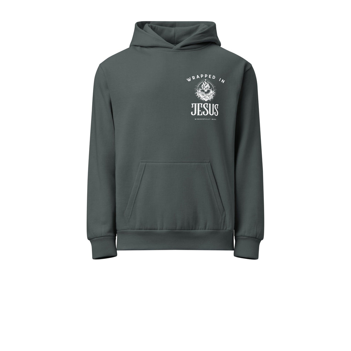 Midnight navy Sacred Heart hoodie front with small Wrapped In Jesus chest logo