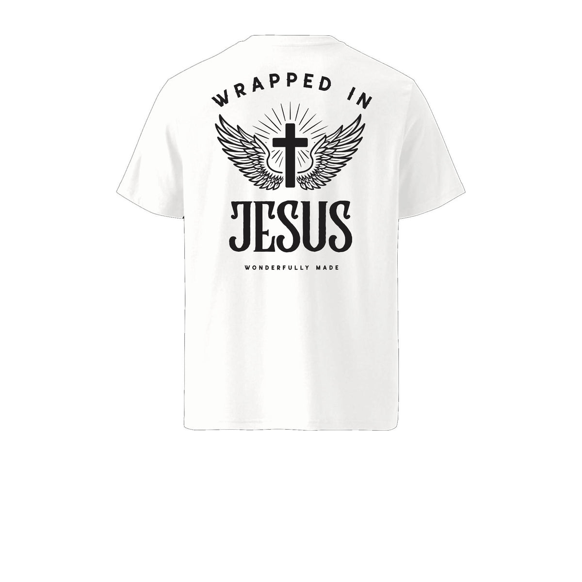 White Eternal Wings organic tee back with winged cross and Wrapped In Jesus, Wonderfully Made