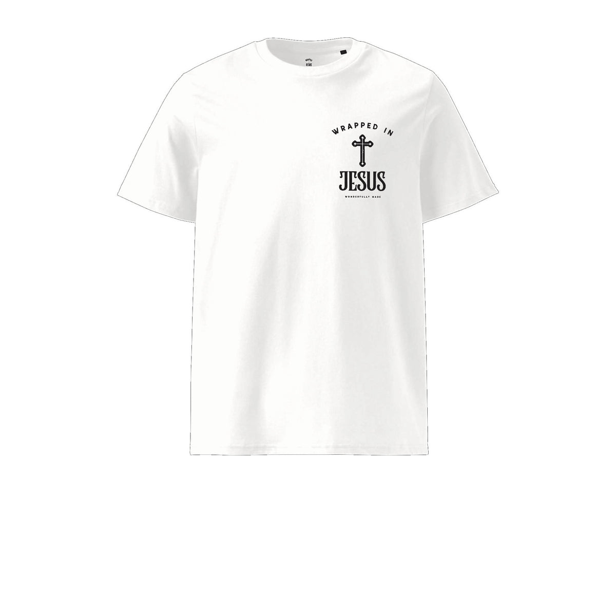 White Eternal Wings organic tee front with Wrapped In Jesus cross chest logo