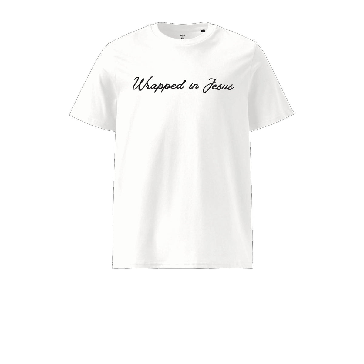 White Jesus Picture organic tee front with Wrapped in Jesus script
