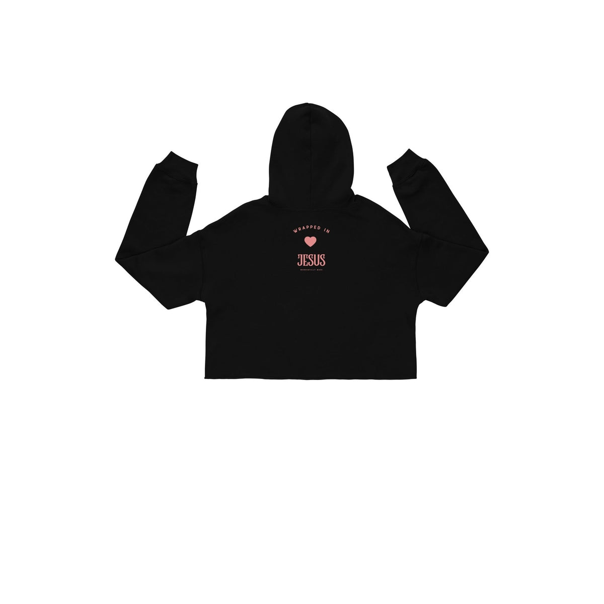 Black cropped hoodie back with small pink heart Wrapped In Jesus logo