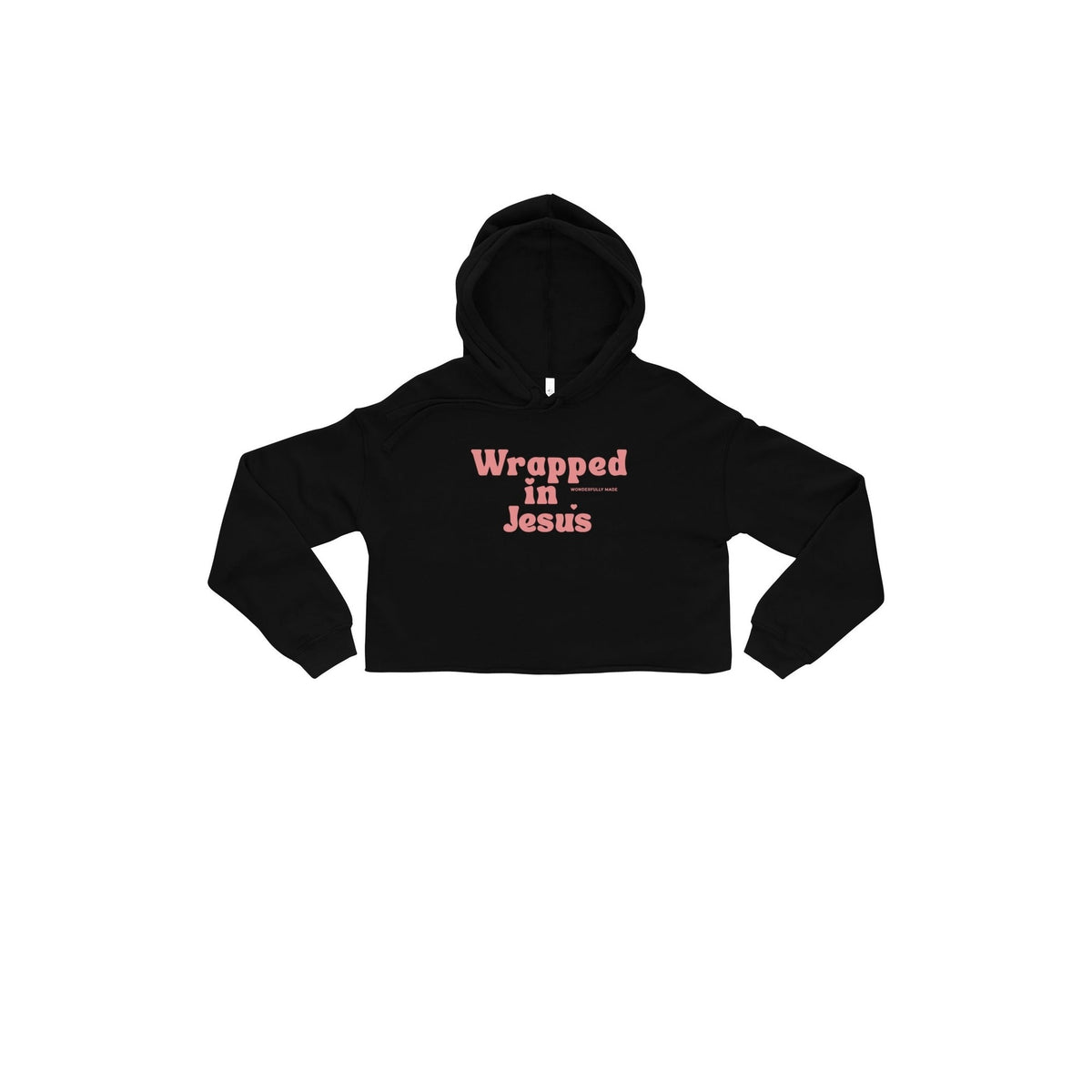 Black women's cropped Christian hoodie with pink Wrapped In Jesus front design