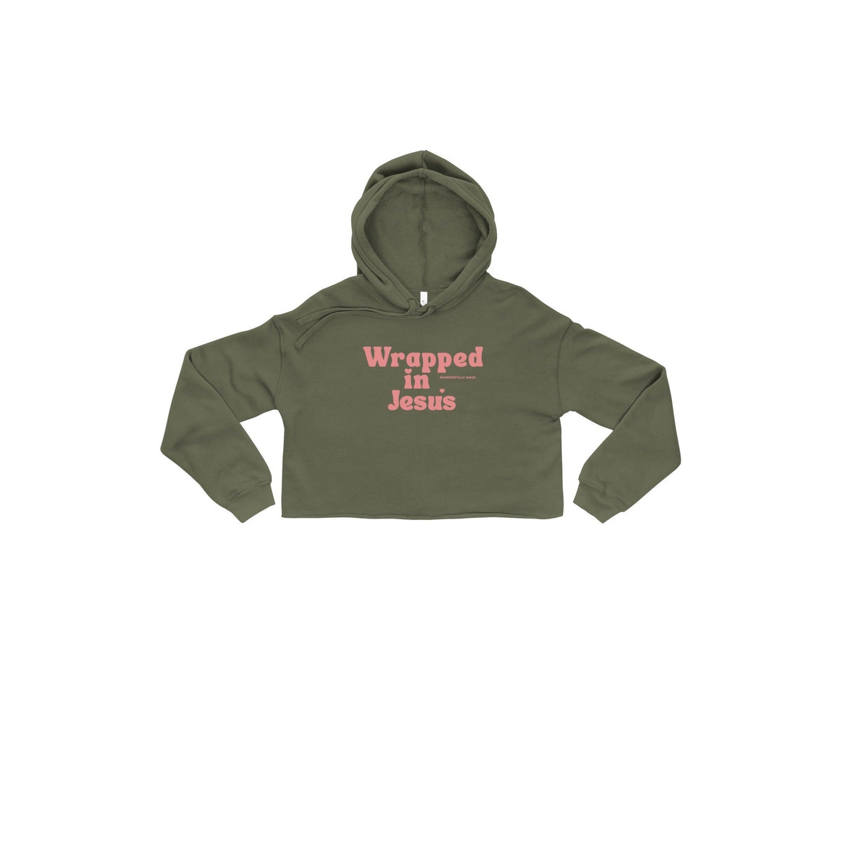 Military green women's cropped Christian hoodie with pink Wrapped In Jesus front design