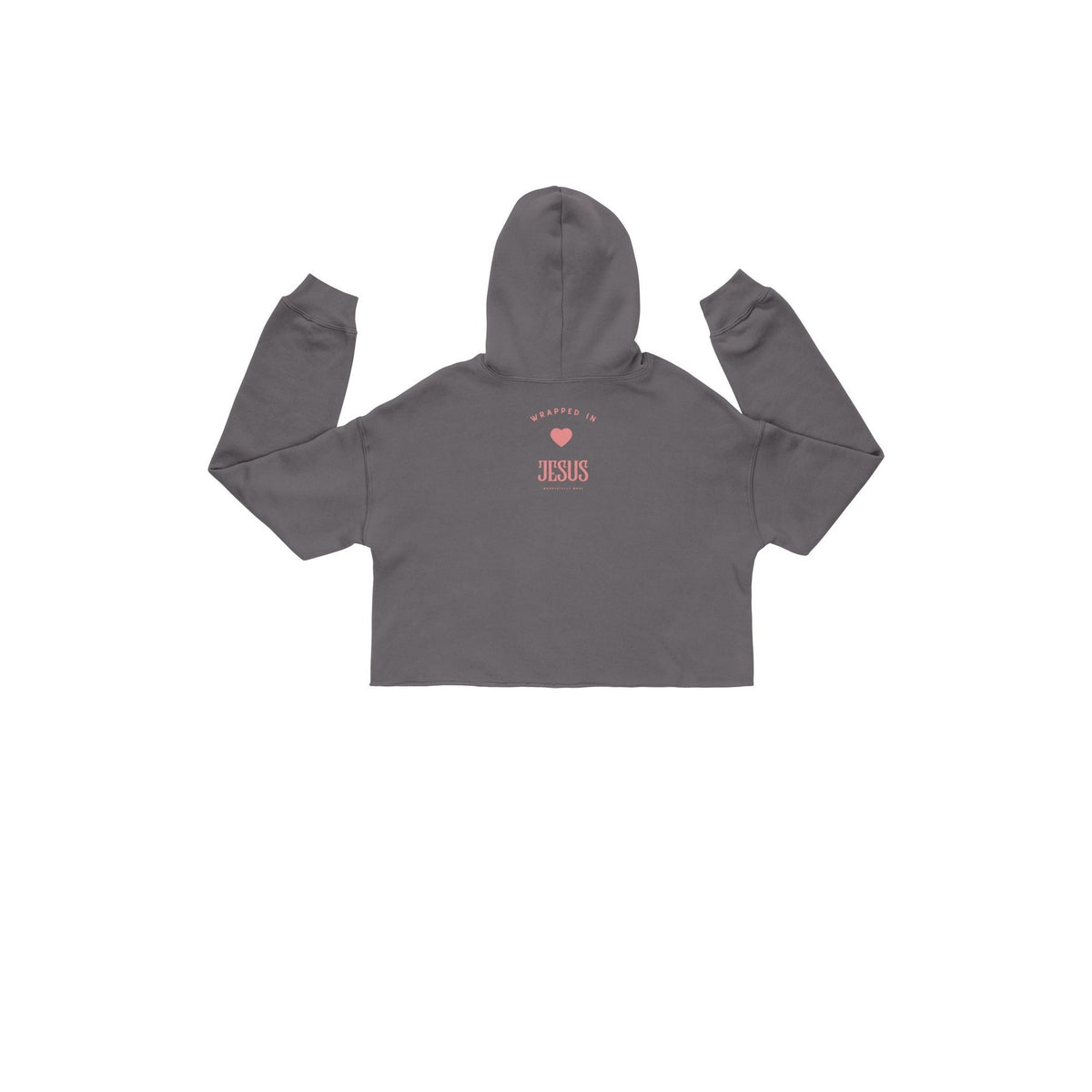 Storm gray cropped hoodie back with small heart Wrapped In Jesus logo