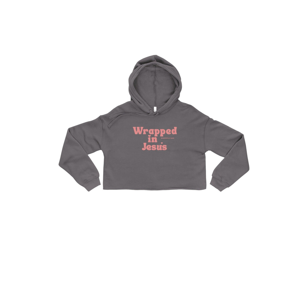 Storm gray women's cropped Christian hoodie with pink Wrapped In Jesus front design