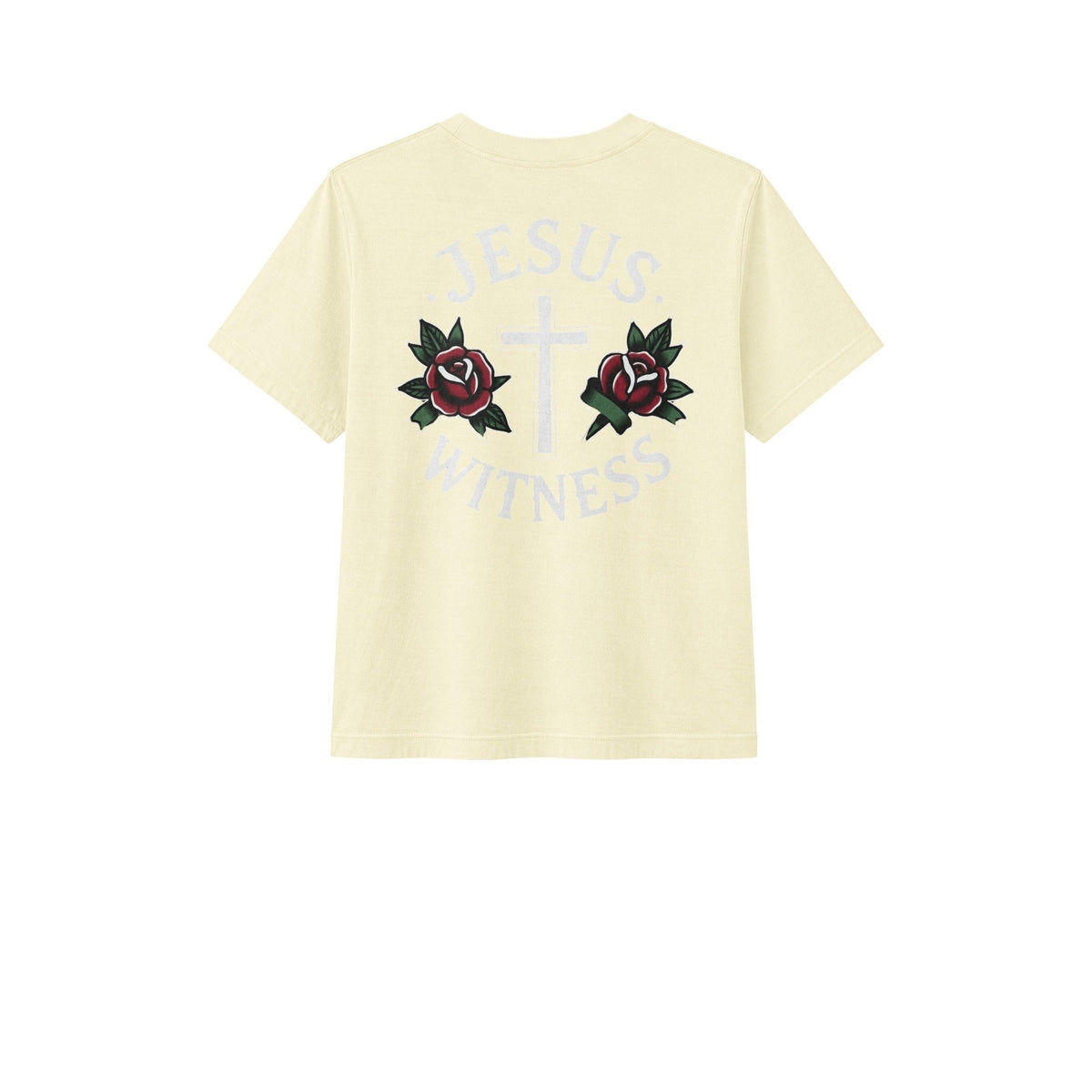 Buttermilk women's Christian tee back with Jesus Witness cross and roses design