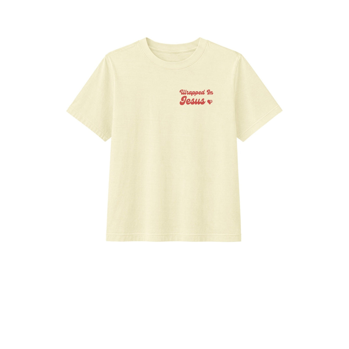 Buttermilk Witness tee front with red Wrapped In Jesus chest script
