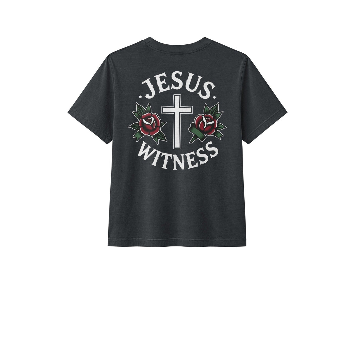 Washed black women's Christian tee back with Jesus Witness cross and roses design