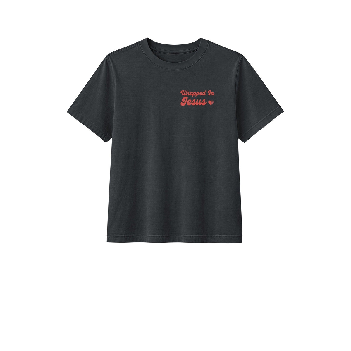 Washed black Witness tee front with red Wrapped In Jesus chest script