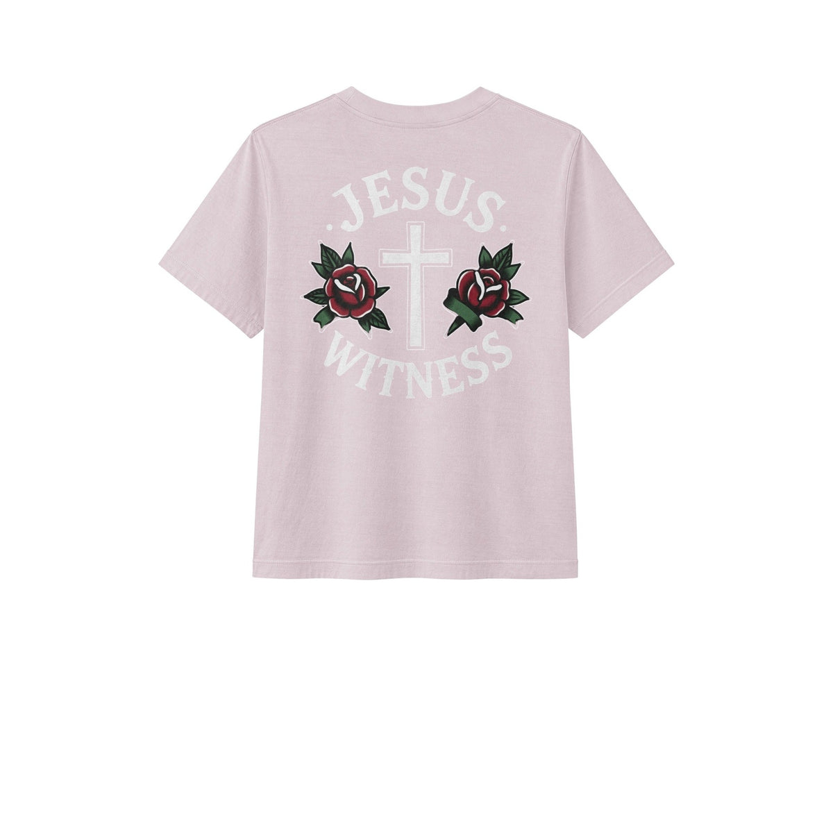 Washed lavender women's Christian tee back with Jesus Witness cross and roses design