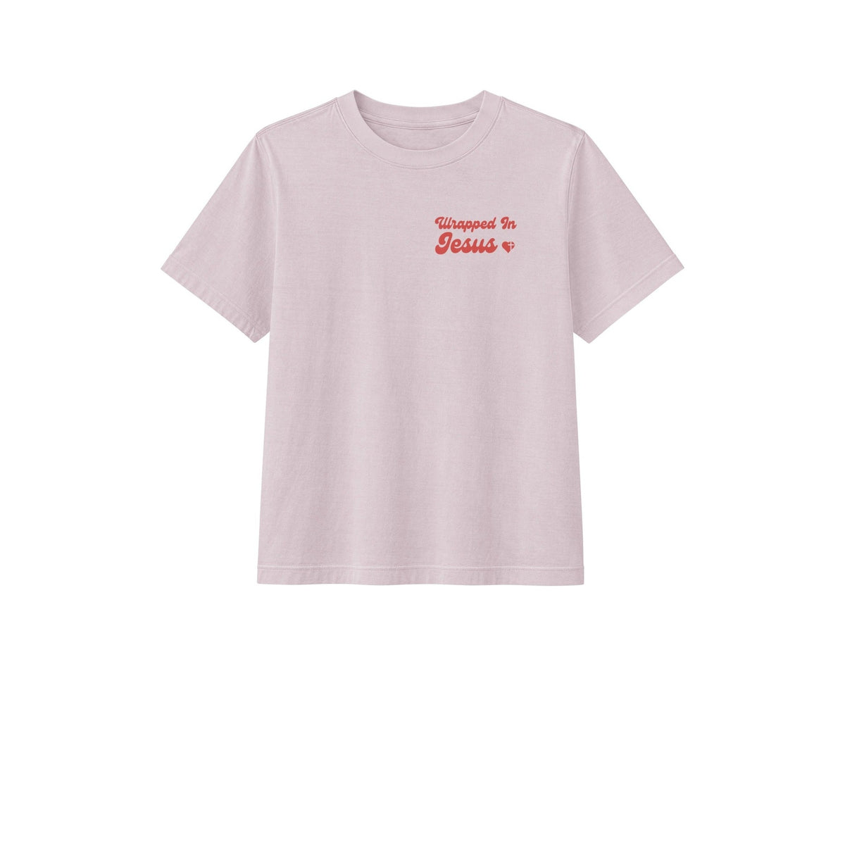 Washed lavender Witness tee front with red Wrapped In Jesus chest script