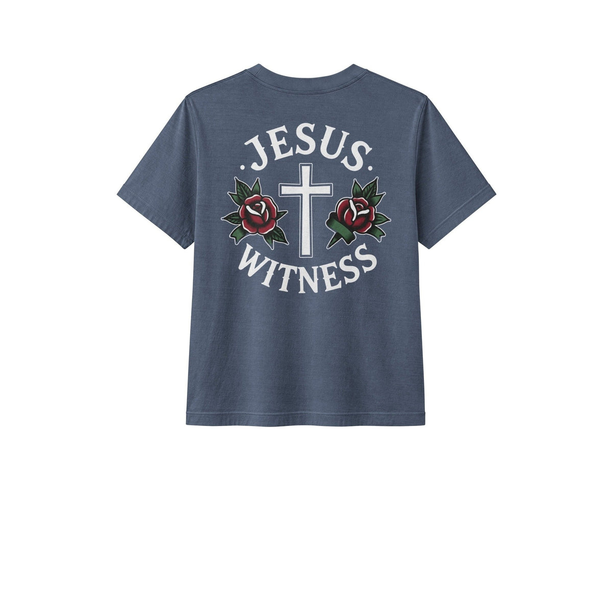 Washed navy women's Christian tee back with Jesus Witness cross and roses design