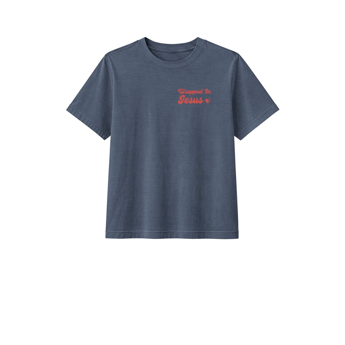 Washed navy Witness tee front with red Wrapped In Jesus chest script